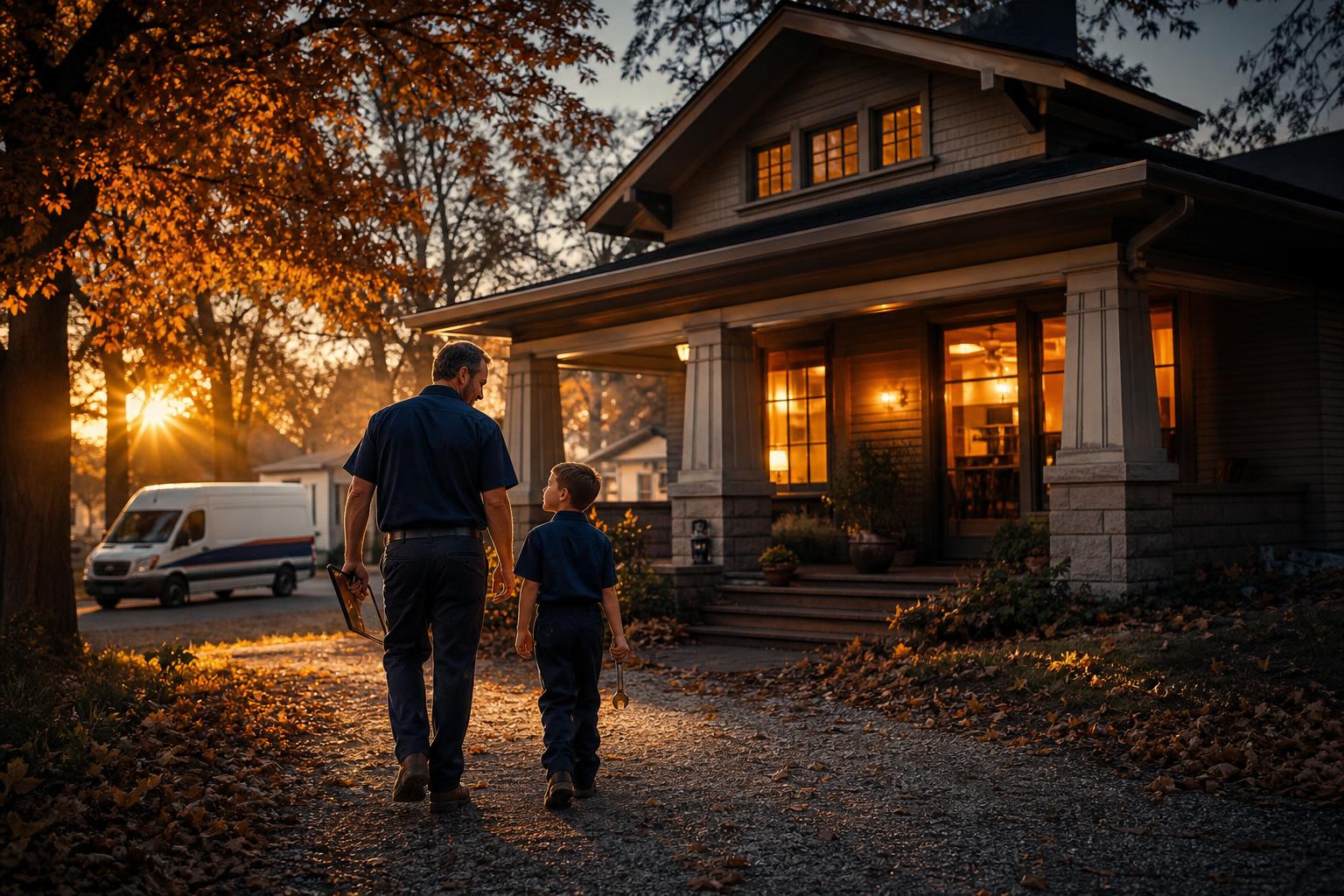 James Steger and his son walking up to a customer's home in Anderson, Indiana at golden hour